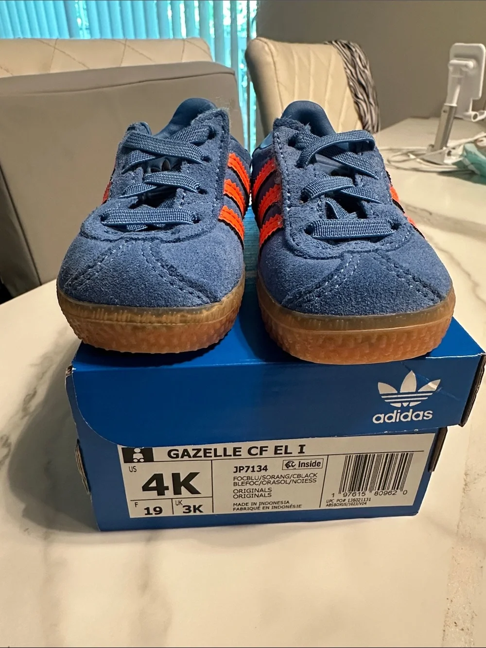 adidas Kids Gazelle Suede Sneakers in Blue with Orange Stripes